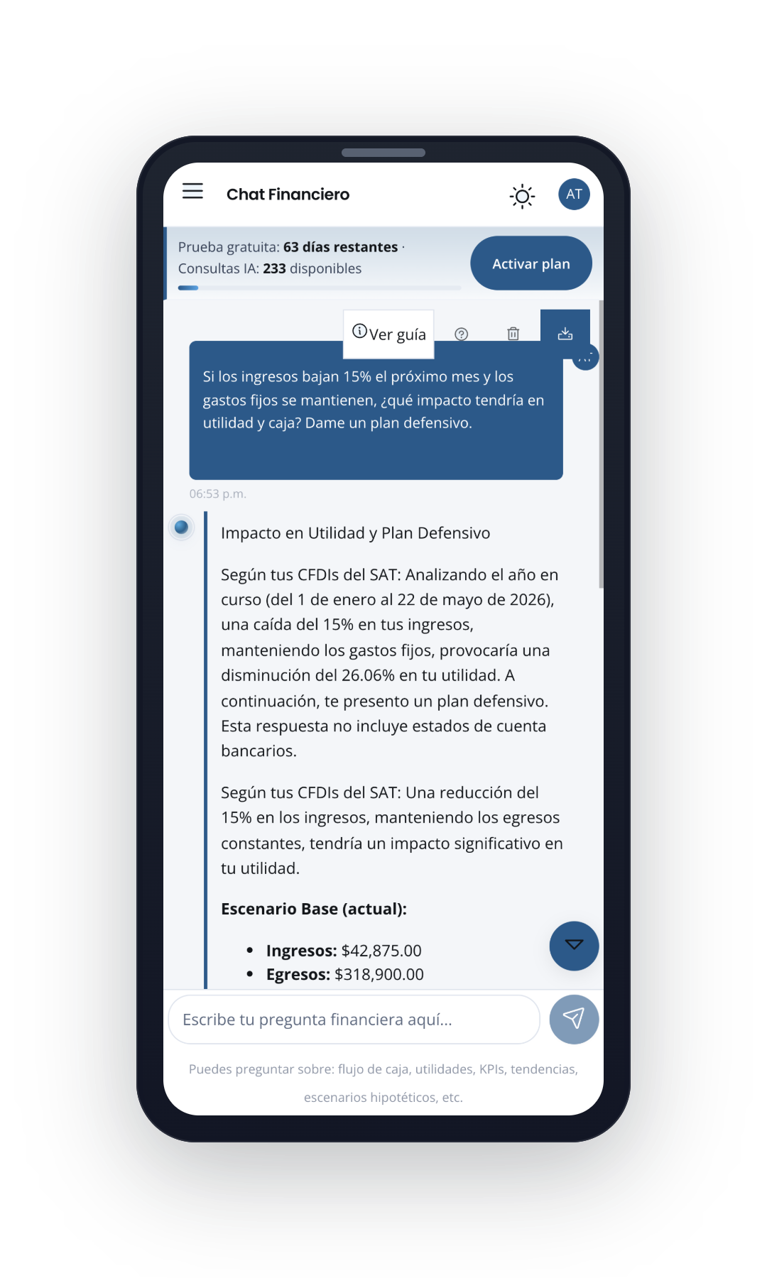 Pantalla móvil de Finmetric con un escenario de ingresos en el chat financiero.