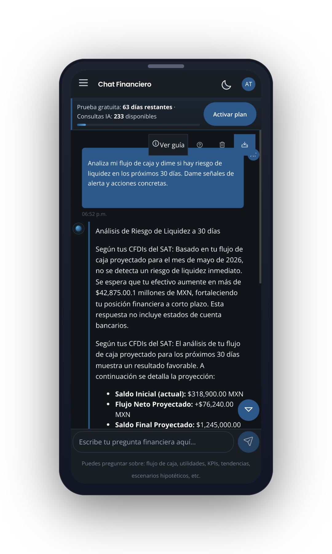 Pantalla móvil oscura de Finmetric con una consulta sobre flujo de caja.