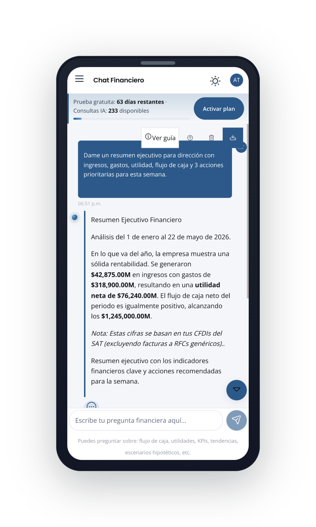 Pantalla móvil de Finmetric mostrando un resumen ejecutivo generado por el chat financiero.
